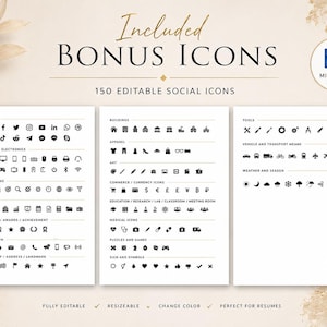 Bonus icon pack included with the Kate Miller resume template, featuring 150 editable social icons for resumes and professional documents.