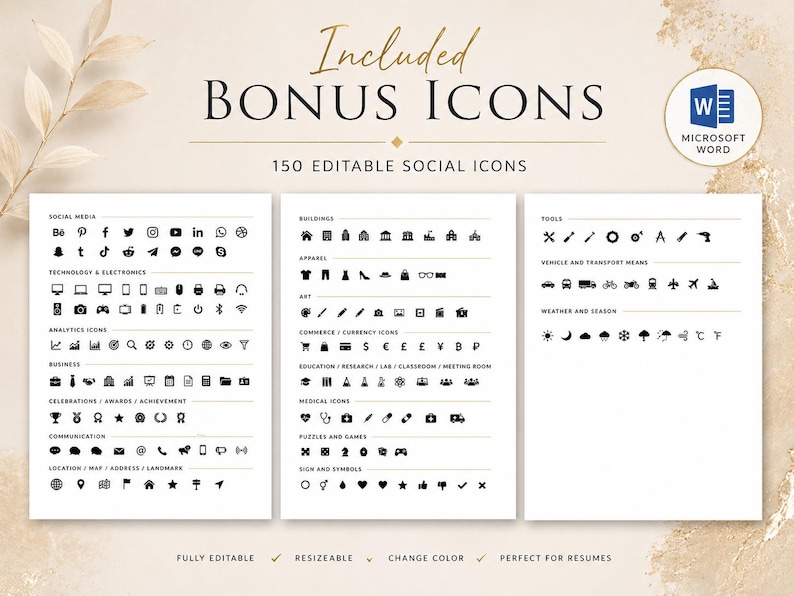 Bonus icon pack included with the Kate Miller resume template, featuring 150 editable social icons for resumes and professional documents.
