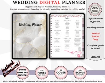 May include: A digital wedding planner with a marble-like background and gold accents. The planner is open to a page with an index of wedding planning topics. The planner is available for instant download and includes 126 pages, 33 cover pages, and 80+ bonus stickers. The planner is compatible with iPad and Android devices and can be used with annotation apps like Goodnotes, Noteswriter, Notability, Notesshelf, and Xodo.
