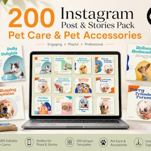 200 pet care and pet accessories Instagram posts and stories Canva templates for pet brands, groomers, pet shops and animal care businesses.