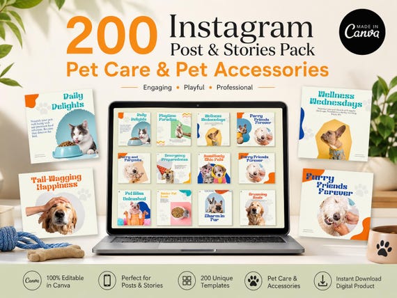 Pet Health Care Instagram Templates 200 Canva | Dog Cat Grooming Social Media Posts Stories | Pet Wellness Black Friday Bundle | Facebook
