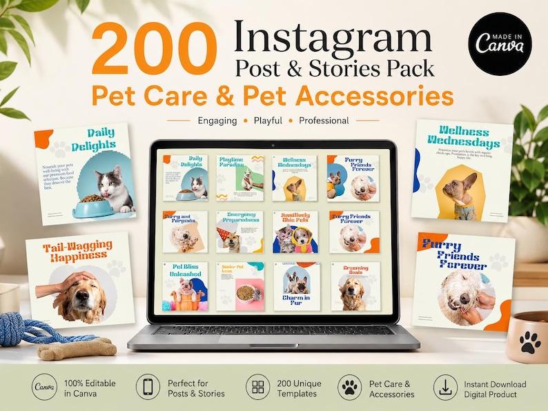 200 pet care and pet accessories Instagram posts and stories Canva templates for pet brands, groomers, pet shops and animal care businesses.