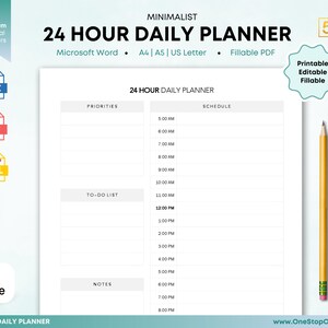 Editable Daily Planner Printable Templates, 24 Hour Daily Digital ...