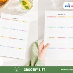 Minimalist grocery list printable shown in lifestyle scenes for everyday shopping and meal planning use
