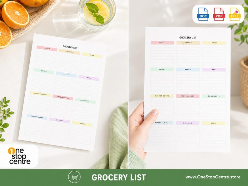 Minimalist grocery list printable shown in lifestyle scenes for everyday shopping and meal planning use