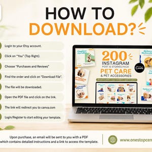 How to download pet care Canva templates from Etsy with step-by-step instructions to access and edit the template.