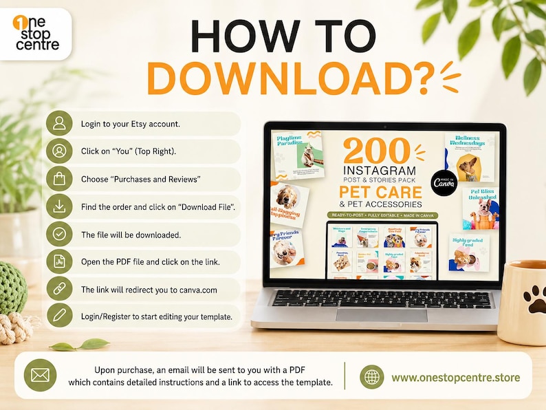 How to download pet care Canva templates from Etsy with step-by-step instructions to access and edit the template.