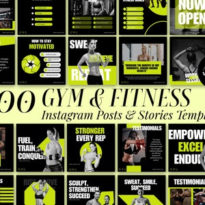 May include: A collection of 200 Gym & Fitness Instagram Posts & Stories Templates. The templates feature images of people working out, motivational quotes, and fitness tips. The color scheme is black, white, and neon green.