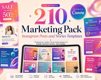 Modèles de marketing Instagram 210 toiles | Lot d'articles publiés sur les réseaux sociaux | Pack marketing pour petites entreprises | Publications Facebook