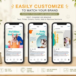 Easily customizable pet care Instagram Canva templates with editable text, titles, colors, fonts and removable sections.