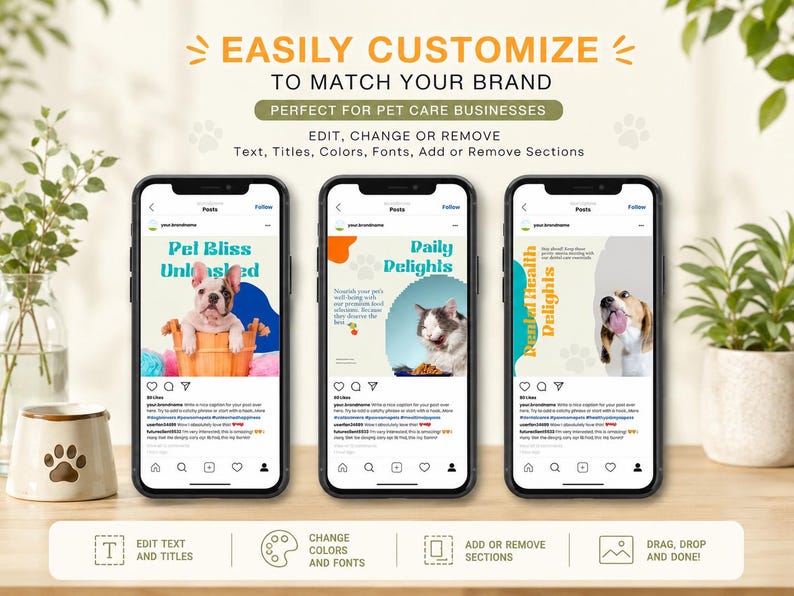 Easily customizable pet care Instagram Canva templates with editable text, titles, colors, fonts and removable sections.