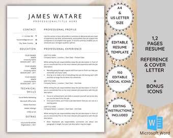 Minimalist Resume Template Word, CV Template Clean, Professional Resume ATS Friendly, Cover Letter Templates, Reference Template, Lebenslauf