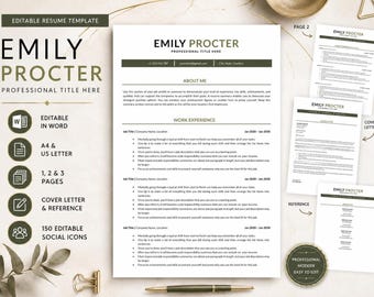 Plantilla de currículum elegante en Word / Plantilla de CV profesional sencilla / Currículum de 1, 2 o 3 páginas con carta de presentación y referencias / Descarga editable en formato Carta estadounidense A4