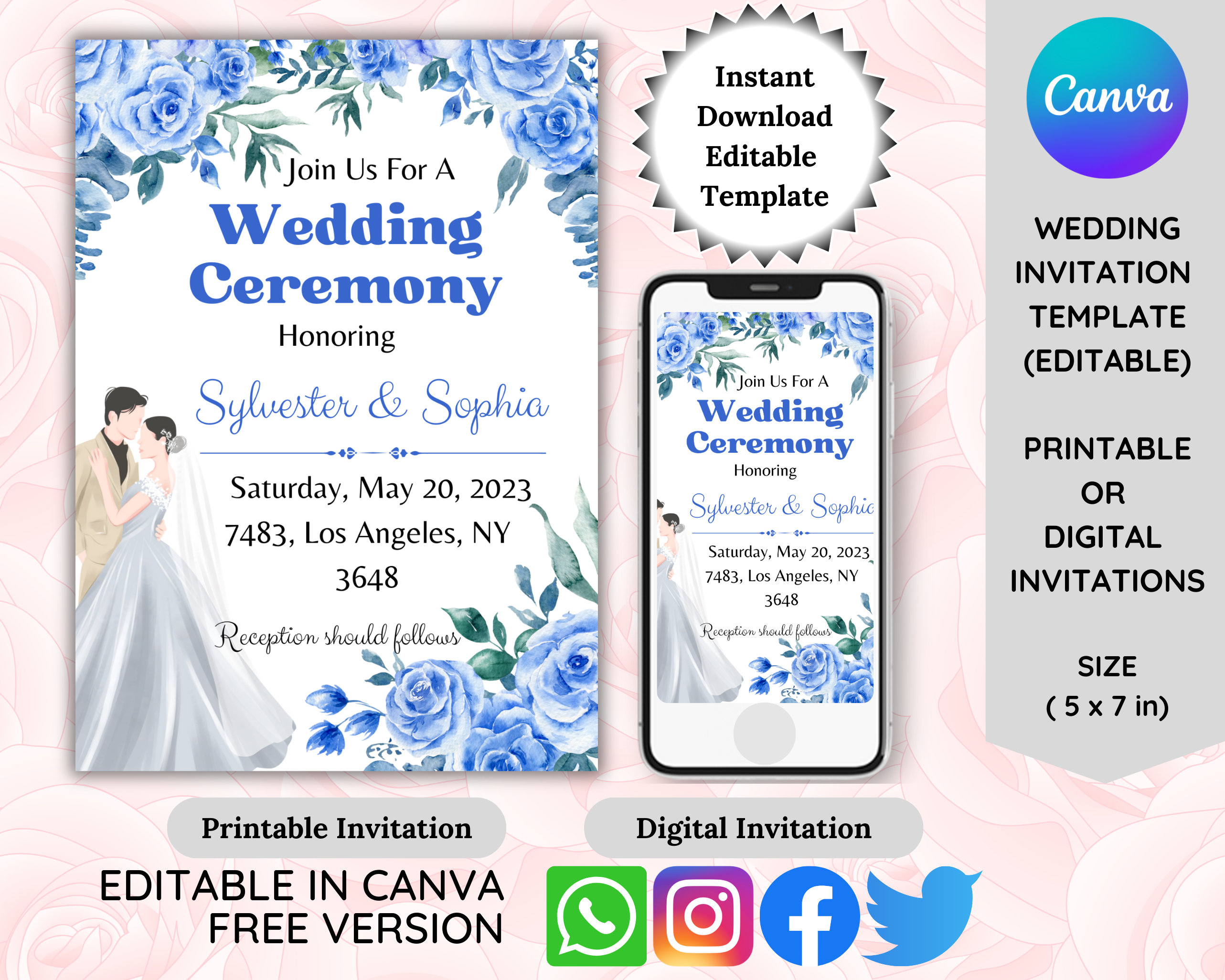 Blue Floral Wedding Invitation Template: Minimalist Canva Design (digital  Download) - Etsy, image size:2565x2052