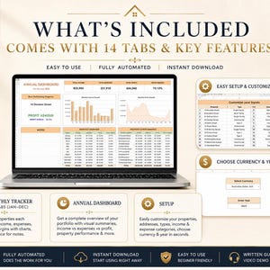 Ultimate Landlord Property Spreadsheet includes 14 tabs, monthly trackers, annual dashboard, setup tab and guide