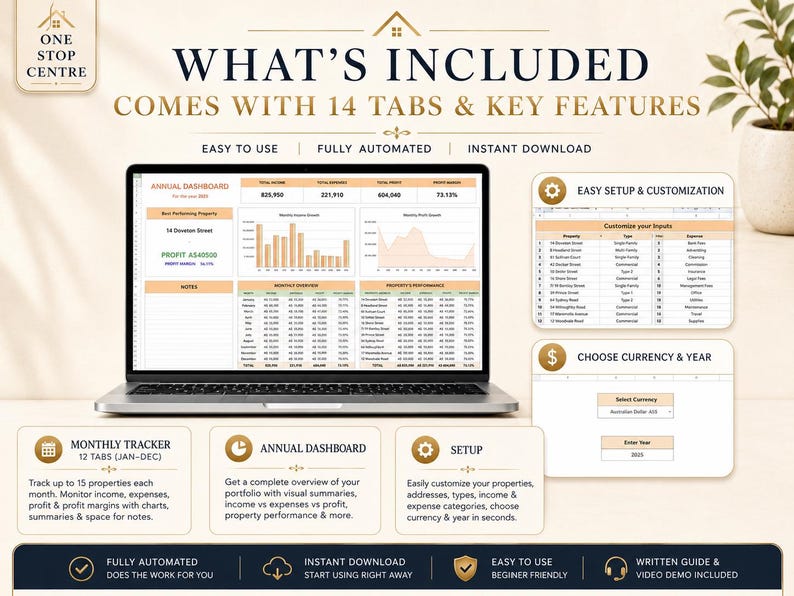 Ultimate Landlord Property Spreadsheet includes 14 tabs, monthly trackers, annual dashboard, setup tab and guide