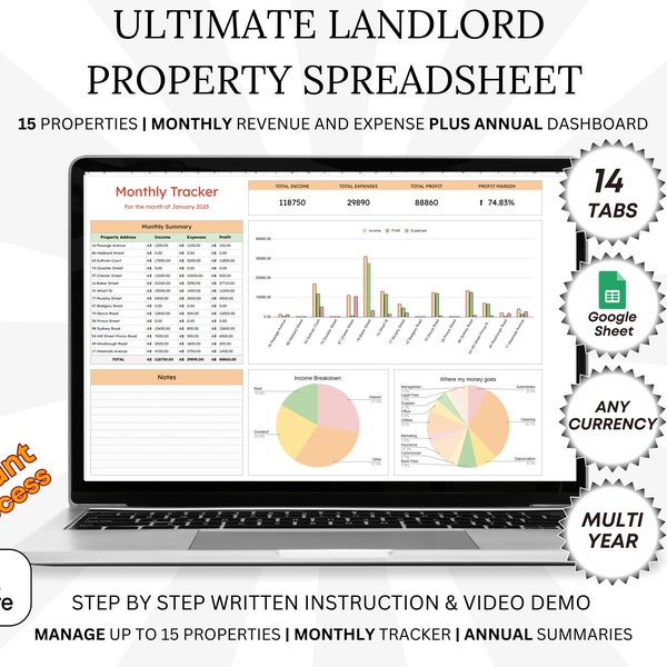 Landlord Rental Property Google Sheet Spreadsheet Template, Property Income & Expenses Real Estate Properties Financial Tracking Spreadsheet