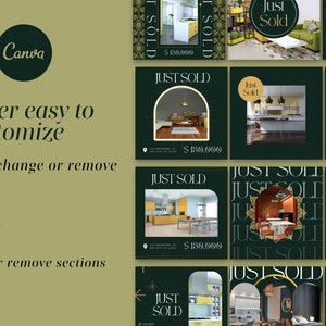 May include: A green and gold social media template for real estate agents. The template features a photo of a kitchen with a gold archway and the text "Just Sold" in a gold font. The template also includes the price of the home, $130,000.