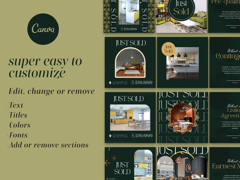 May include: A green and gold social media template for real estate agents. The template features a photo of a kitchen with a gold archway and the text "Just Sold" in a gold font. The template also includes the price of the home, $130,000.