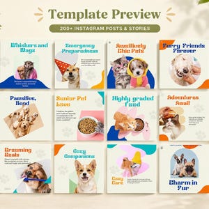 Preview of pet care Instagram Canva templates with playful pet posts, dog and cat designs, grooming content and pet accessory promotions.