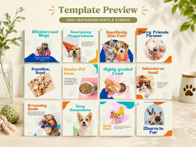 Preview of pet care Instagram Canva templates with playful pet posts, dog and cat designs, grooming content and pet accessory promotions.