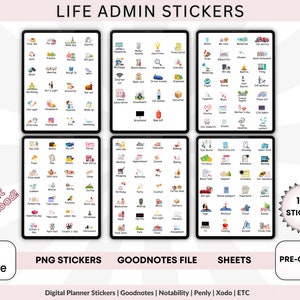 Puede incluir: Un conjunto de 150 pegatinas digitales para planificadores para Goodnotes, Notability, Penly, Xodo y otras aplicaciones. Las pegatinas están precortadas y vienen en formato PNG. Las pegatinas están organizadas en categorías como Administración de la vida, Facturas, Citas, etc. Las pegatinas son coloridas y presentan una variedad de iconos.