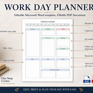 Work Day Planner template layout with callouts for schedule, priorities, urgent tasks, reminders, notes, calls, emails and tasks for tomorrow