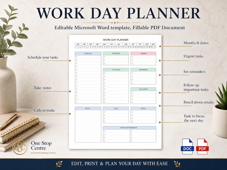 Work Day Planner template layout with callouts for schedule, priorities, urgent tasks, reminders, notes, calls, emails and tasks for tomorrow
