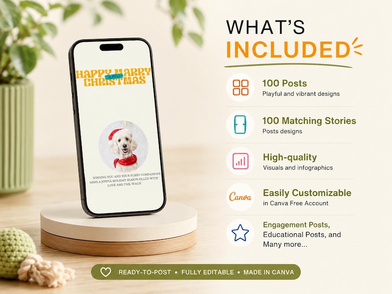 What’s included in the pet care Canva template pack with 100 posts, 100 matching stories and editable pet business designs.