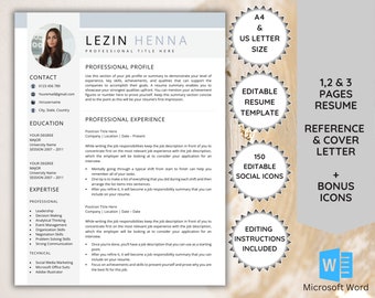 Modern Resume Template with Photo: Editable CV, Cover Letter (Word)