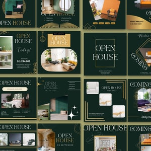 May include: A collage of nine Instagram posts advertising open houses and upcoming real estate listings. The posts feature images of modern homes with luxurious interiors and green and gold color schemes. The text on the posts includes phrases like "Open House", "Coming Soon", and "Modern House".