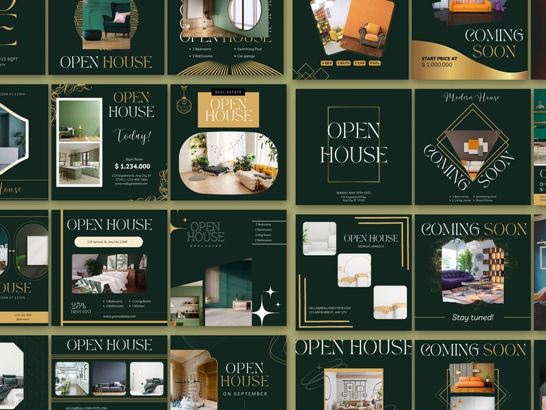 May include: A collage of nine Instagram posts advertising open houses and upcoming real estate listings. The posts feature images of modern homes with luxurious interiors and green and gold color schemes. The text on the posts includes phrases like "Open House", "Coming Soon", and "Modern House".
