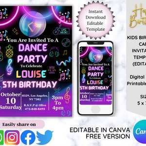 Tanzparty Kindergeburtstagseinladungsvorlagen, Neonlicht-Digital-Party einladen, Mädchen, Junge, bearbeitbare Einladung, Kinder lädt ein, druckbar