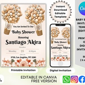 Twin Teddy Bear Hot Air Balloons Baby Shower Invitation Templates, Editable Digital Invites, Girl Boy Baby Shower Printable Invitations Card