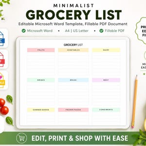 Minimalist grocery list template editable in Microsoft Word with fillable PDF, printable grocery planner in A4 and US Letter sizes