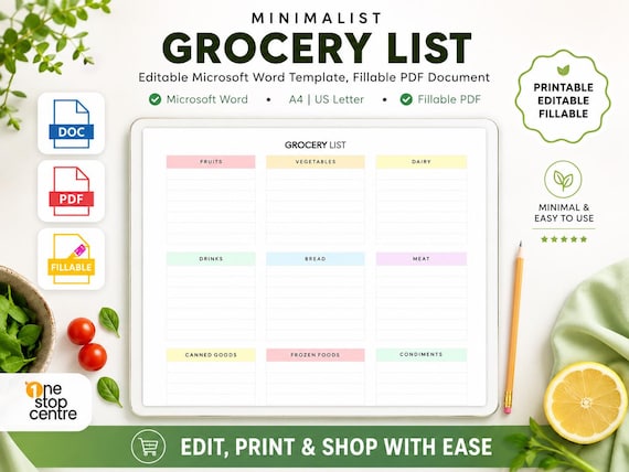 Printable Grocery List Template Word PDF | Editable Shopping List Organizer | Weekly Grocery Planner | Fillable PDF A4 US Letter