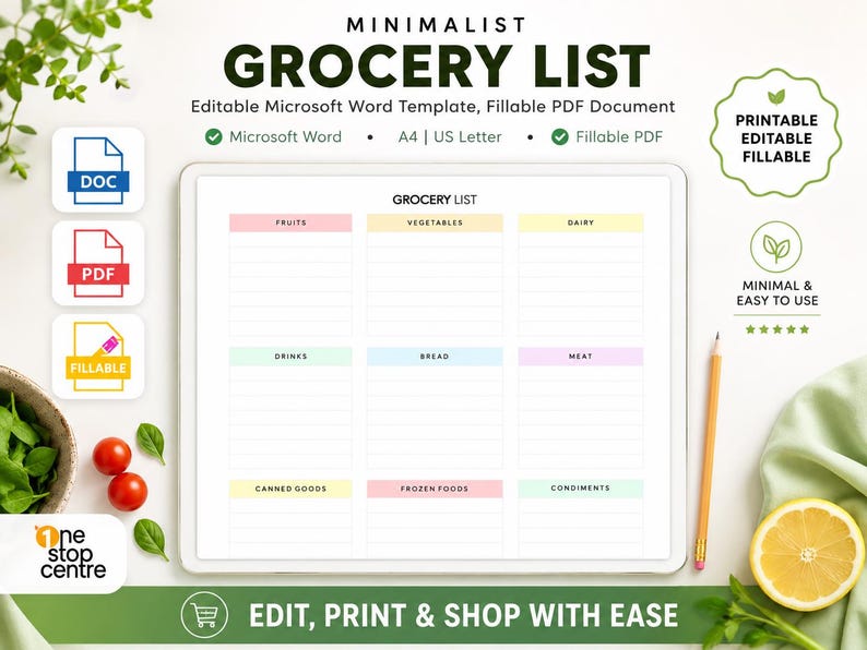Minimalist grocery list template editable in Microsoft Word with fillable PDF, printable grocery planner in A4 and US Letter sizes