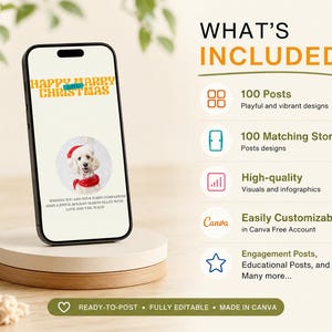 What’s included in the pet care Canva template pack with 100 posts, 100 matching stories and editable pet business designs.