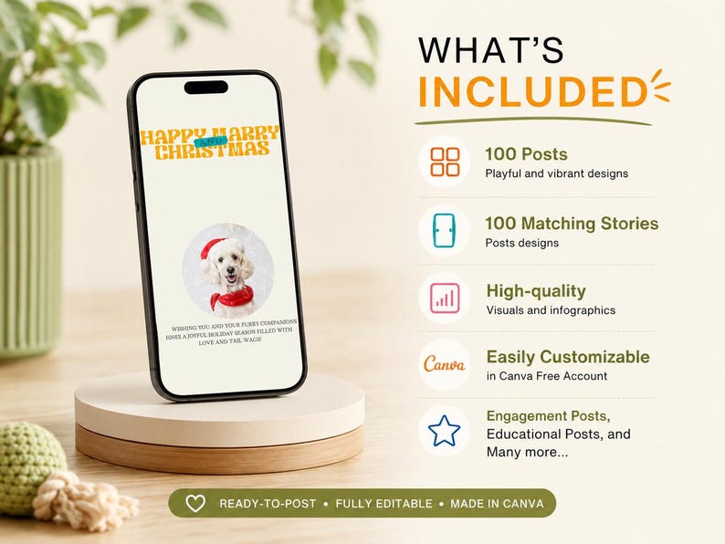 What’s included in the pet care Canva template pack with 100 posts, 100 matching stories and editable pet business designs.