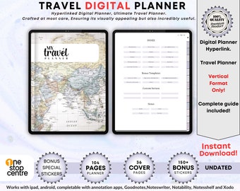May include: A digital travel planner with a map of Asia on the cover. The planner is hyperlinked and includes 104 pages, 36 cover pages, and 150+ bonus stickers. It is compatible with iPad and Android devices and can be used with annotation apps like Goodnotes, Noteswriter, Notability, Notesshelf, and Xodo.
