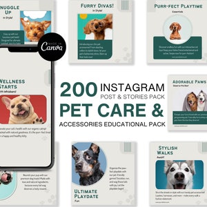 Pets Care And Accessories Educational Social Media Business Marketing Bundle Instagram Templates, Posts and Stories for Instagram and Facebook  200 Ready Made Templates Fully Customizable in Canva's Free Version.