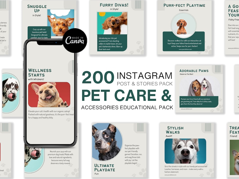 Pets Care And Accessories Educational Social Media Business Marketing Bundle Instagram Templates, Posts and Stories for Instagram and Facebook  200 Ready Made Templates Fully Customizable in Canva's Free Version.