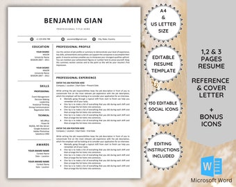 Minimalist Resume Template: Clean CV, Cover Letter, References (Instant Download)