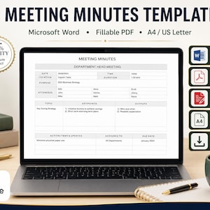 Meeting Minutes Template Printable Word PDF | Editable Meeting Notes | Meeting Agenda Template | Action Items Tracker A4 US
