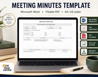 Modelo de Ata de Reunião Imprimível em Word e PDF | Notas de Reunião Editáveis | Modelo de Agenda de Reunião | Planilha de Acompanhamento de Ações A4 (EUA)