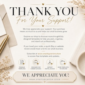 Thank you card for Kate Miller resume template customers with review request, free templates subscription reminder and OneStopCentre website link.