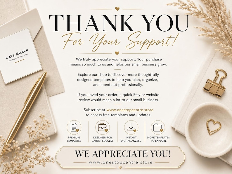 Thank you card for Kate Miller resume template customers with review request, free templates subscription reminder and OneStopCentre website link.
