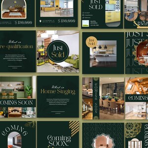 May include: A collage of nine Instagram posts showcasing real estate listings. The posts feature images of various homes, including a kitchen, living room, and bedroom. The posts also include text such as "Just Sold", "Coming Soon", and "What is Pre-qualification?" The posts are designed in a dark green and gold color scheme.