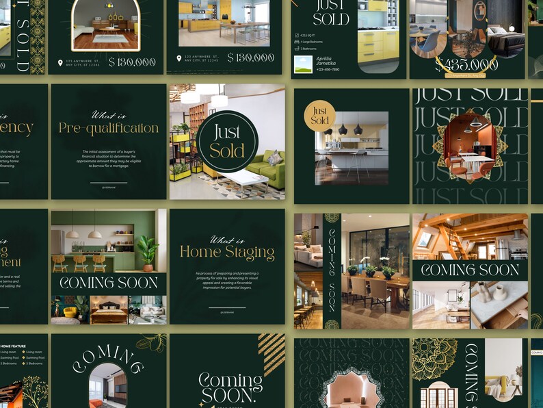 May include: A collage of nine Instagram posts showcasing real estate listings. The posts feature images of various homes, including a kitchen, living room, and bedroom. The posts also include text such as "Just Sold", "Coming Soon", and "What is Pre-qualification?" The posts are designed in a dark green and gold color scheme.