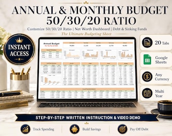 50/30/20 Budget Spreadsheet Google Sheets Template | Annual Monthly Budgets Planner | Net Worth Debt Tracker | Sinking Fund | Smart Budget